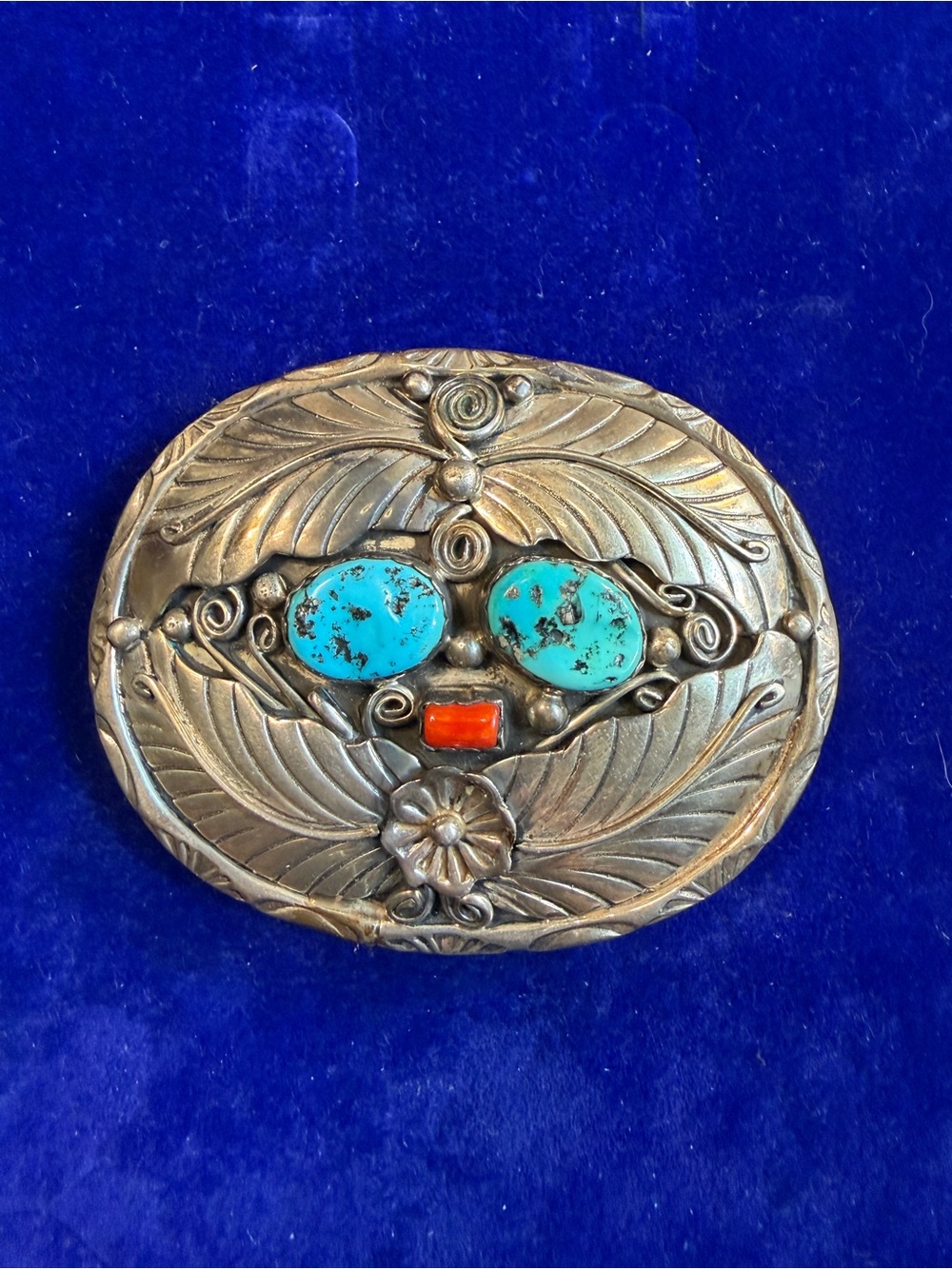 Navajo Sterling Silver Hallmarked Herbert Tsosie Turquoise Coral Belt Buckle